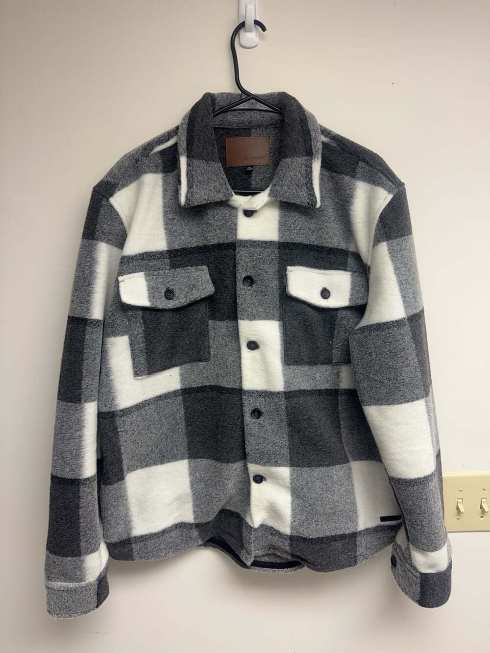 Men's Grey and White Buffalo Check Fleece Shirt Jacket